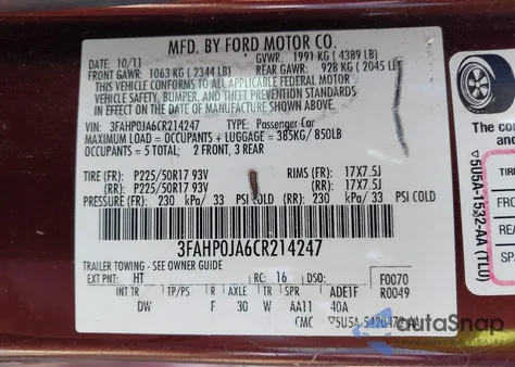 2012 Ford Fusion Sel from USA, damaged, VIN 3FAHP0JA6CR214247